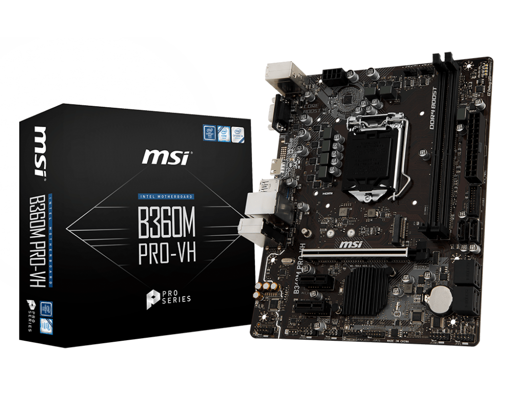 Материнская плата MSI B360M PRO-VH (S1151, B360, 4xDDR4, PCI-Ex16, 2xPCI-Ex1, D-Sub, HDMI, SATA III, M.2, GB Lan, USB3.1, mATX, Retail) Материнская плата MSI B360M PRO-VH (S1151, B360, 4xDDR4, PCI-Ex16, 2xPCI-Ex1, D-Sub, HDMI, SATA III, M.2, GB Lan, USB3.1, mATX, Retail)