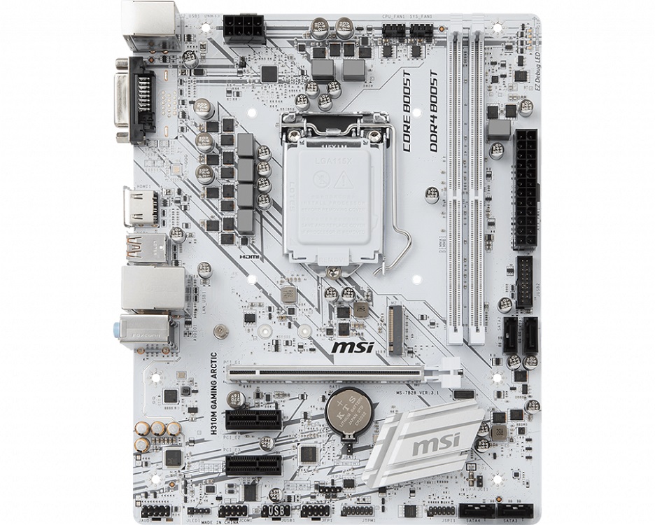 Материнская плата MSI H310M GAMING ARCTIC (S1151, H310, 2xDDR4, PCI-Ex16, 2xPCI-Ex1, DVI, HDMI, SATA III, GB Lan, USB3.1, mATX, Retail) Материнская плата MSI H310M GAMING ARCTIC (S1151, H310, 2xDDR4, PCI-Ex16, 2xPCI-Ex1, DVI, HDMI, SATA III, GB Lan, USB3.1, mATX, Retail)