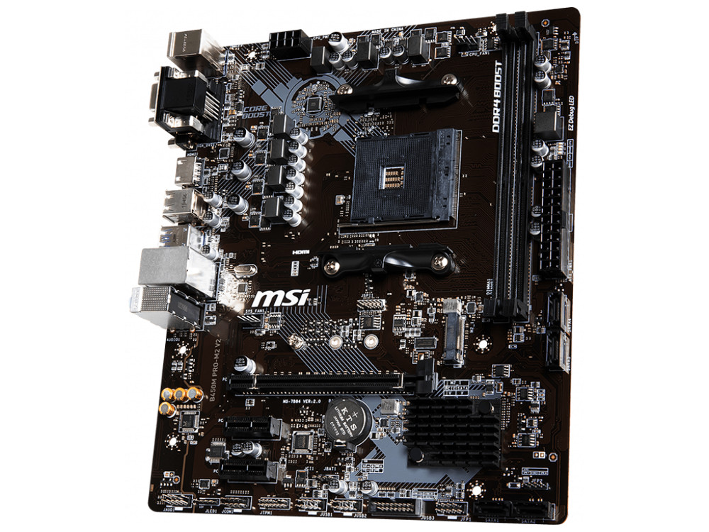 Мат. плата MSI B450M PRO-M2 V2 AM4, AMD B450, 2xDDR4, PCI-Ex16, 2xPCI-Ex1, DVI, D-Sub, HDMI, SATAIII+RAID, M.2, GBLan, USB 3.1, mATX, Retail Мат. плата MSI B450M PRO-M2 V2 AM4, AMD B450, 2xDDR4, PCI-Ex16, 2xPCI-Ex1, DVI, D-Sub, HDMI, SATAIII+RAID, M.2, GBLan, USB 3.1, mATX, Retail