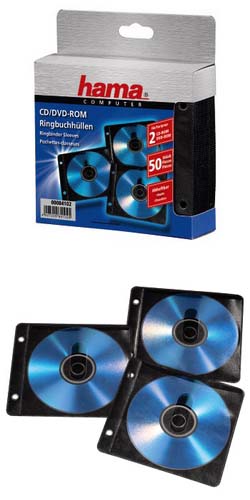 Конверты для 2 CD/DVD, с перфорацией портмоне кольцами, 50 шт., полипропилен, черный/прозрачный, Hama 84102