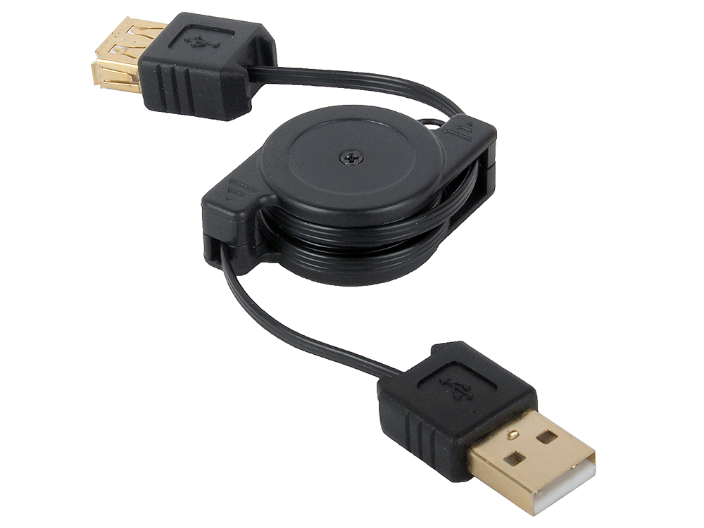 Кабель-рулетка USB 2.0 AM/AF 0.75 м Konoos, зол.разъемы, черный