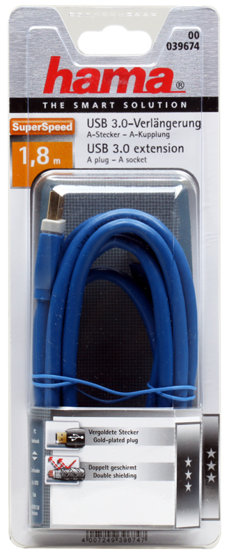 Кабель USB 3.0 A-A (m-f) удлинительный, 1.8 м, позолоченные контакты, экранированный, 5 Гбит/с, ***,