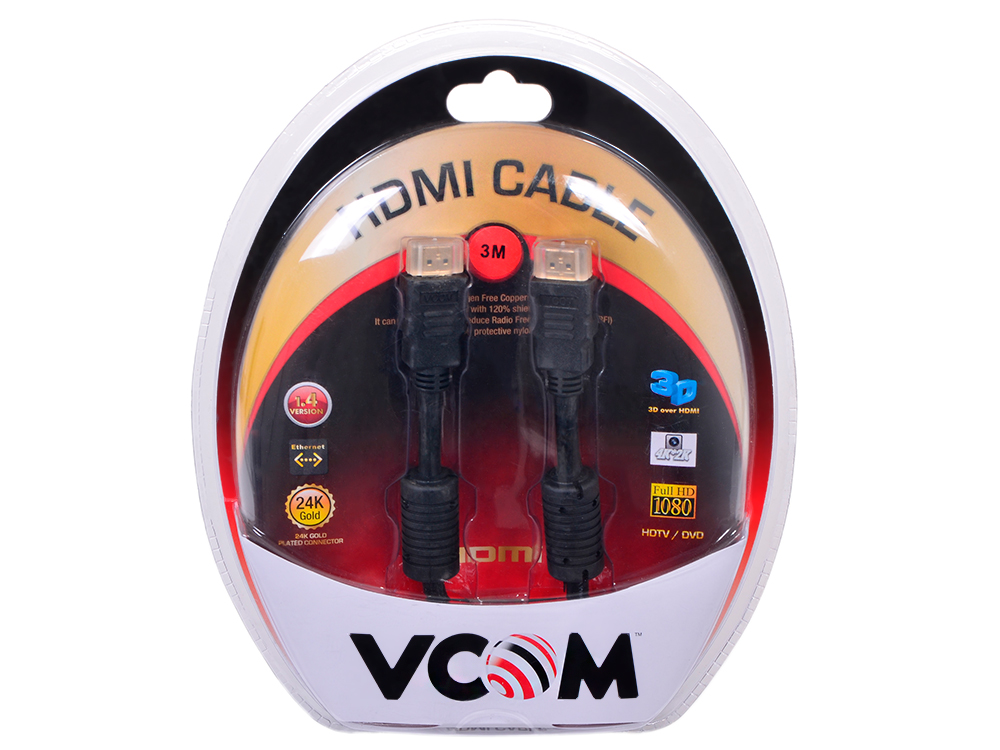 Кабель VCOM HDMI 19M/M ver:1.4-3D, 3m, позолоченные контакты, 2 фильтра  Blister