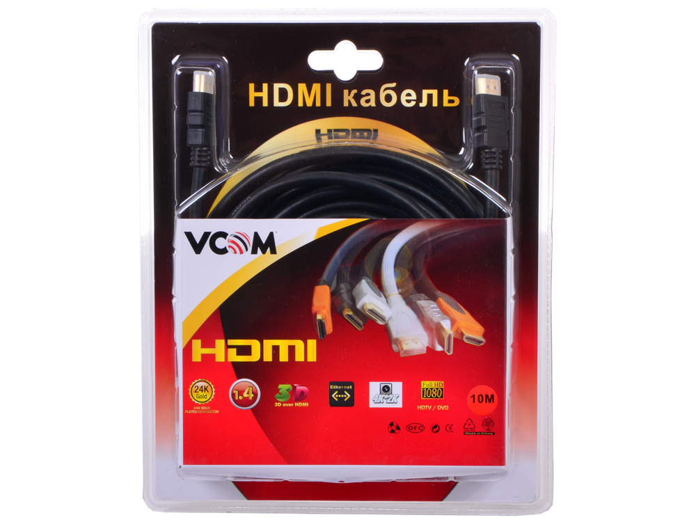 Кабель VCOM HDMI 19M/M ver:1.4-3D, 10m, позолоченные контакты, 2 фильтра  Blister