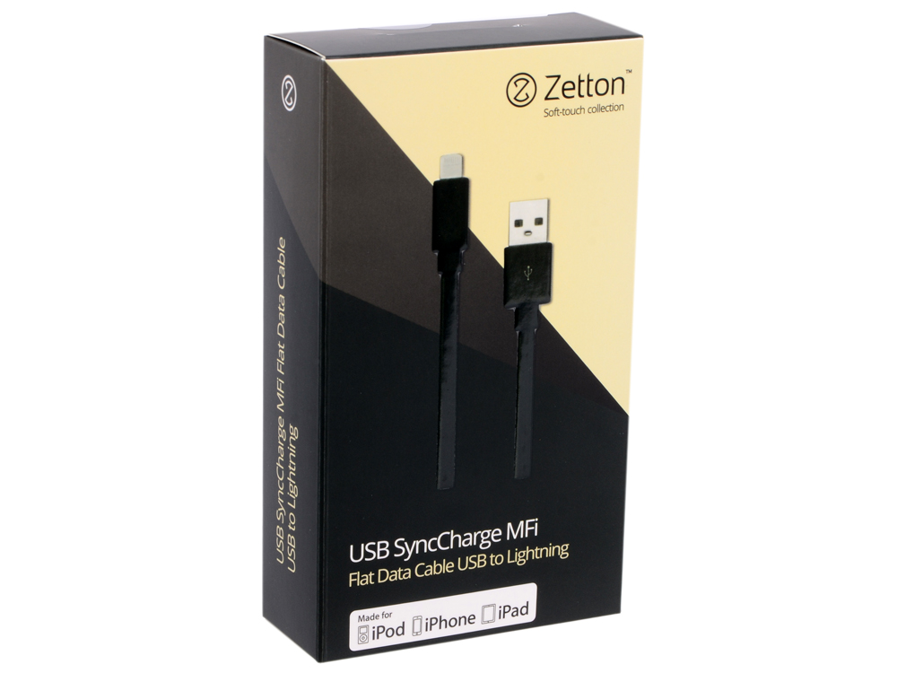 Кабель Apple Lightning/USB 1.0м Zetton (MFI) плоский черный (ZTUSBMFI2A8)