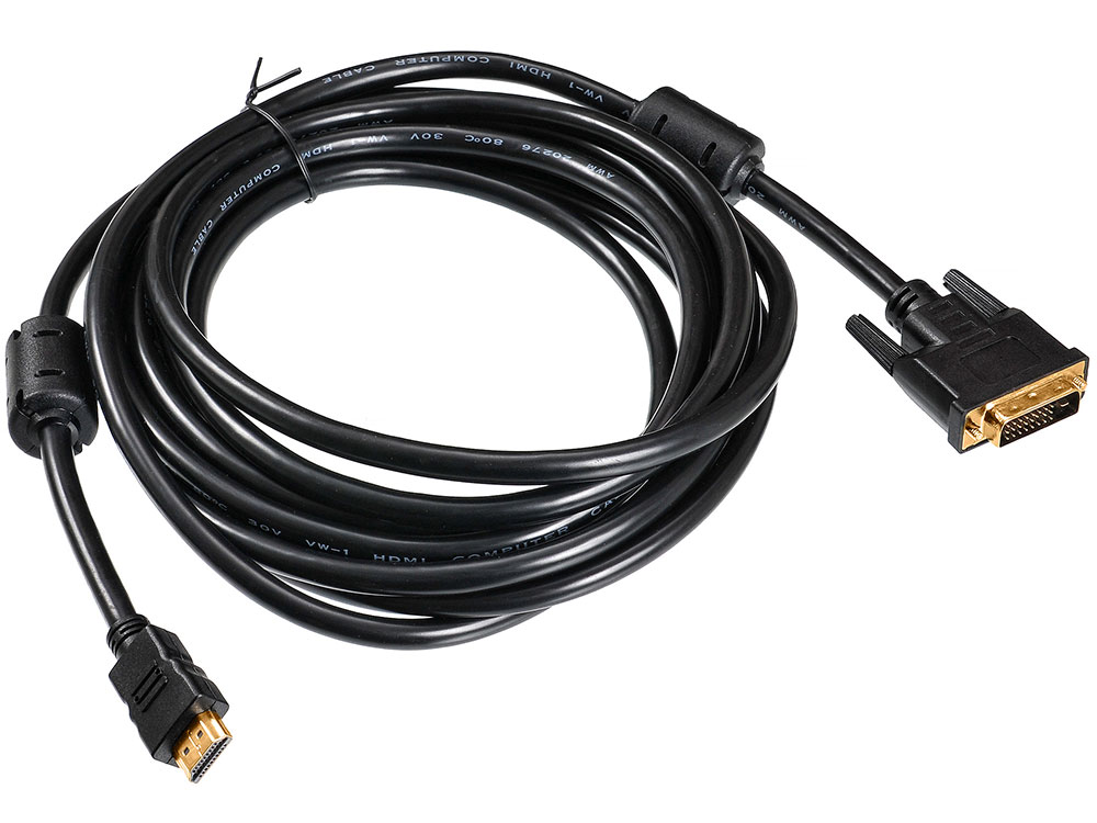 Кабель HDMI- DVI-D 5м Buro позолоченные контакты ферритовые кольца HDMI-19M-DVI-D-5M