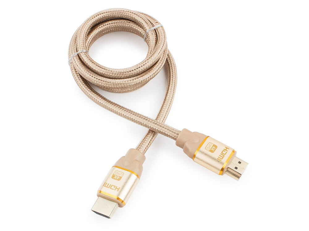 Кабель HDMI Cablexpert, серия Gold, 1 м, v1.4, M/M, золотой, позол.разъемы, алюминиевый корпус, нейлоновая оплетка, коробка CC-G-HDMI03-1M Кабель HDMI Cablexpert, серия Gold, 1 м, v1.4, M/M, золотой, позол.разъемы, алюминиевый корпус, нейлоновая оплетка, коробка CC-G-HDMI03-1M