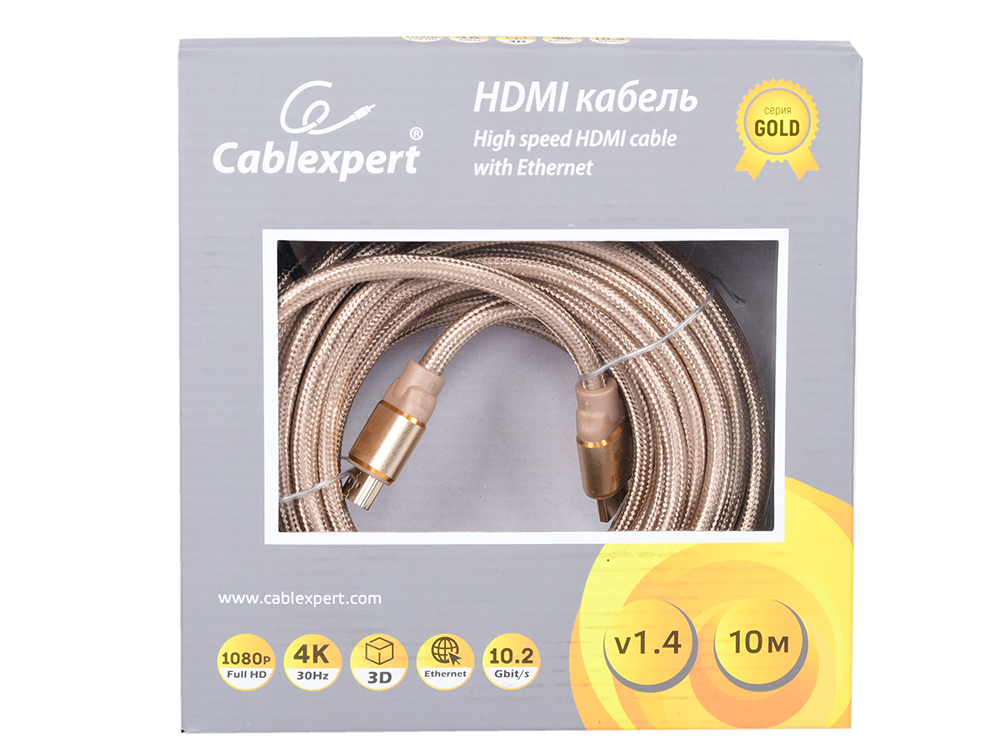Кабель HDMI Cablexpert, серия Gold, 10 м, v1.4, M/M, золотой, позол.разъемы, алюминиевый корпус, нейлоновая оплетка, коробка CC-G-HDMI03-10M
