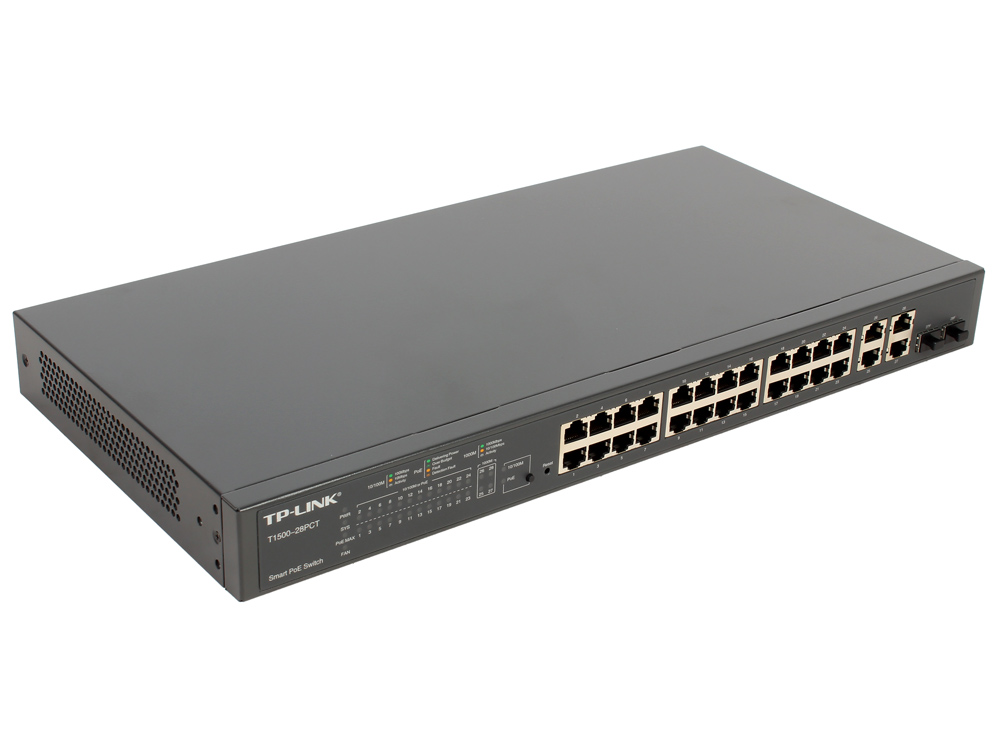 Коммутатор TP-LINK T1500-28PCT Smart коммутатор PoE+ на 24 порта 10/100 Мбит/с и 4 гигабитных порта Коммутатор TP-LINK T1500-28PCT Smart коммутатор PoE+ на 24 порта 10/100 Мбит/с и 4 гигабитных порта