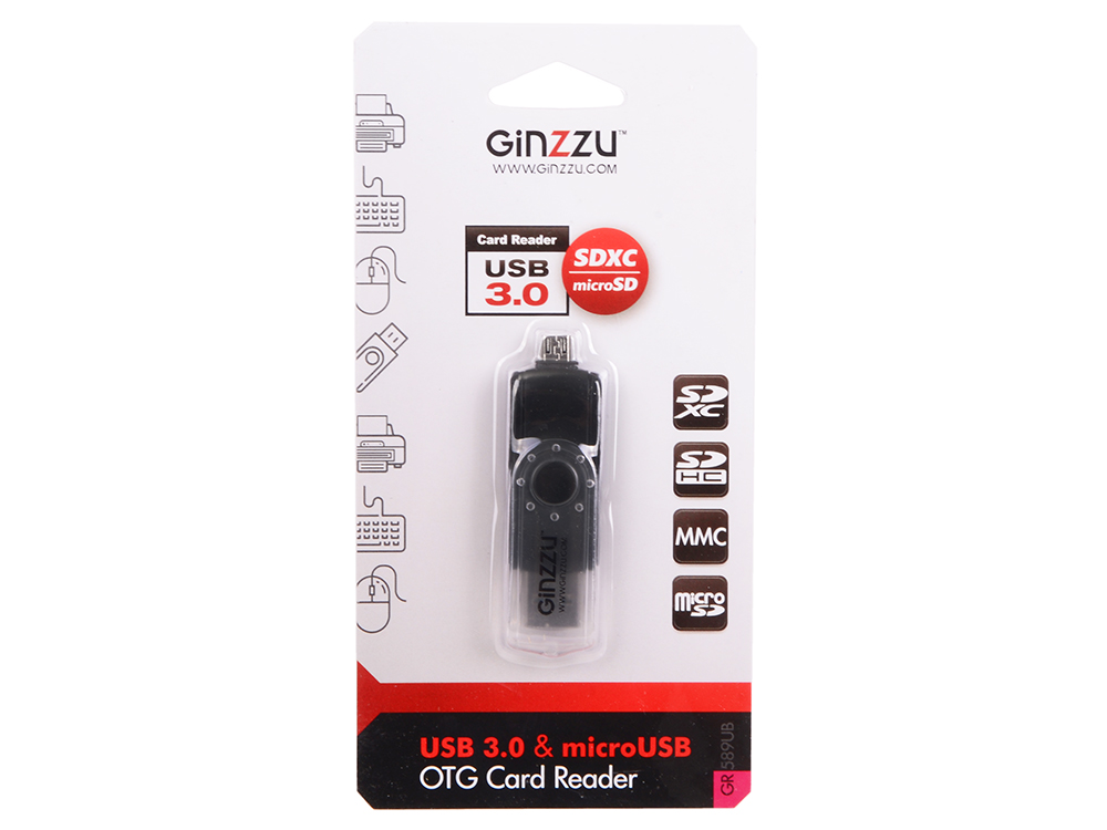 Картридер Ginzzu GR-589UB USB 3.0/micro USB OTG переходник-картридер для компьютеров и смартфонов, поддержка форматов SD/SDXC/SDHC/MMC microSD/SDXC/S