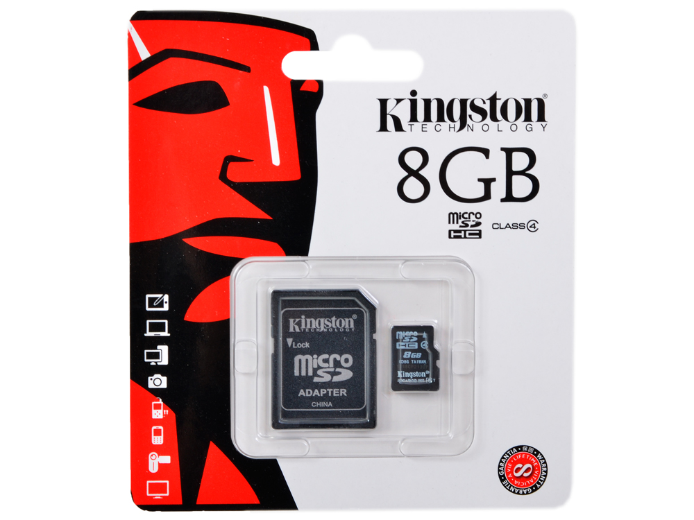 MicroSDHC Kingston 8GB Class 4 + Адаптер (SDC4/8GB)