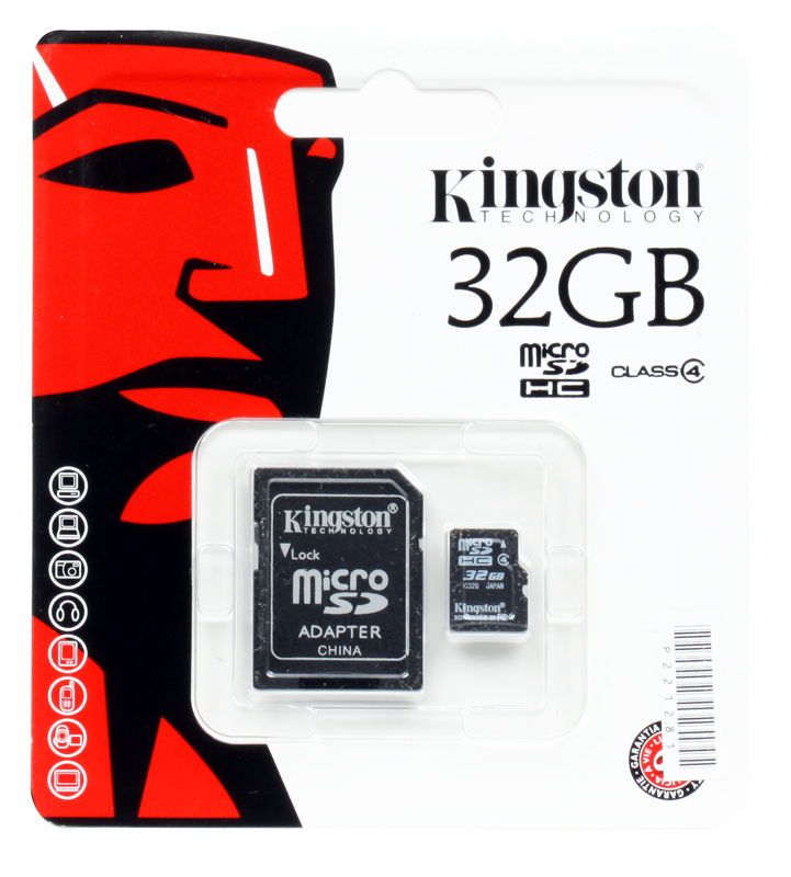 MicroSDHC Kingston 32GB Class 4 + Адаптер (SDC4/32GB)