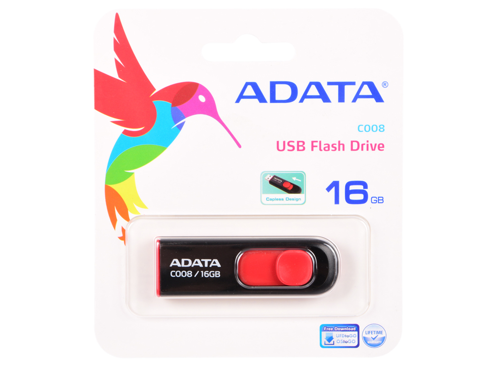 Внешний накопитель 16GB USB Drive ADATA USB 2.0 C008 черно-красная выдвижная AC008-16G-RKD USB 2.0