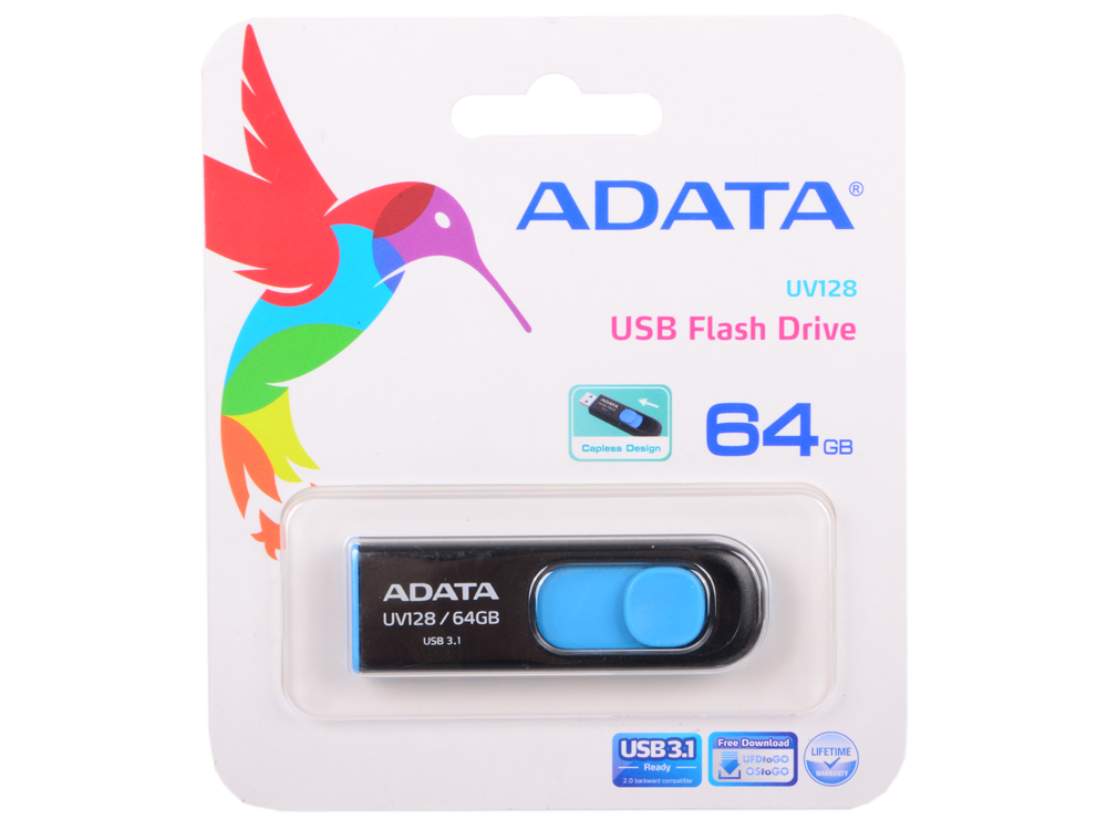 Внешний накопитель 64GB USB Drive ADATA USB 3.1 UV128 черно-синяя выдвижная AUV128-64G-RBE USB 3.1