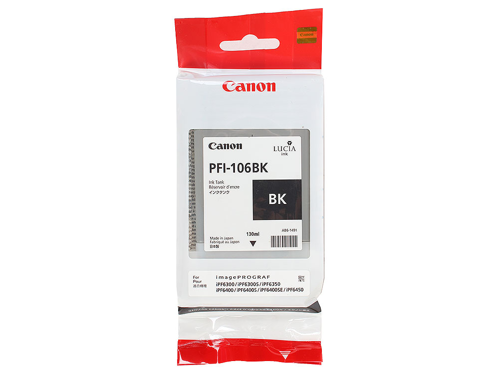 Картридж Canon PFI-106 BK для плоттера iPF6400/6400S/6400SE/6450. Чёрный. 130 мл. картридж canon pfi 206 b для плоттера ipf6400 6450 светло голубой 300 мл