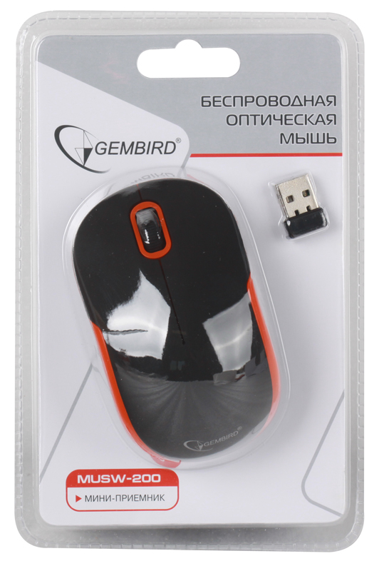 Мышь беспроводная Gembird MUSW-200BKO Black Orange USB оптическая, 3 кнопки + колесо