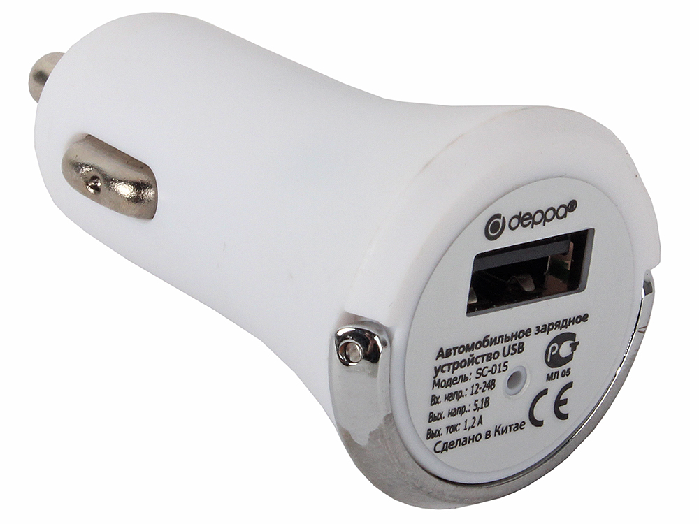 Автомобильное зарядное устройство Deppa USB 1А, дата-кабель с разъемом 8-pin для Apple, белый, (1120