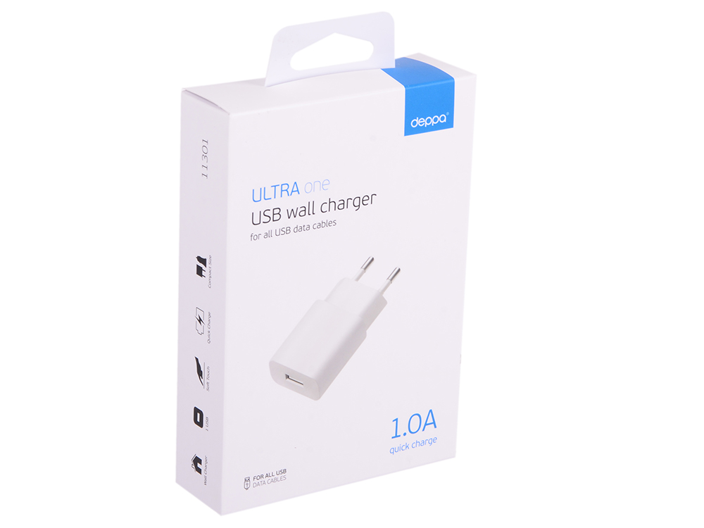 Сетевое зарядное устройство Deppa USB компакт, 1А, белый, Ultra (11301)