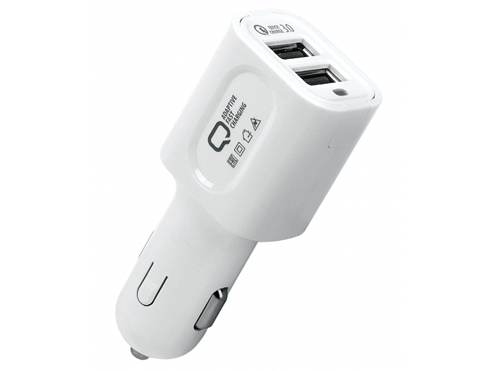 Автомобильное зарядное устройство Qumo Dual Quick Charge 3.0 (Charger 0020), полная поддержка Quick charge 3.0 на обоих портах, белый
