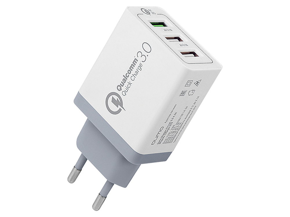 Сетевое зарядное устройство Qumo Quick Charge 3.0 3 USB (Charger 019), Quick charge 3.0, 3 USB, QC 3.0 + 2,1A, белый