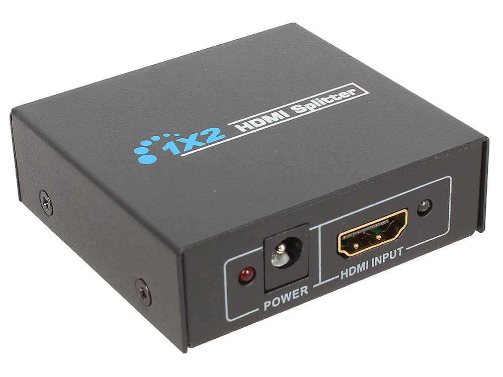 Разветвитель HDMI Orient HSP0102N, 1-2, HDMI 1.4/3D, HDTV1080p/1080i/720p, HDCP1.2, внешний БП-зарядник 1xUSB 5В/1A, метал.корпус