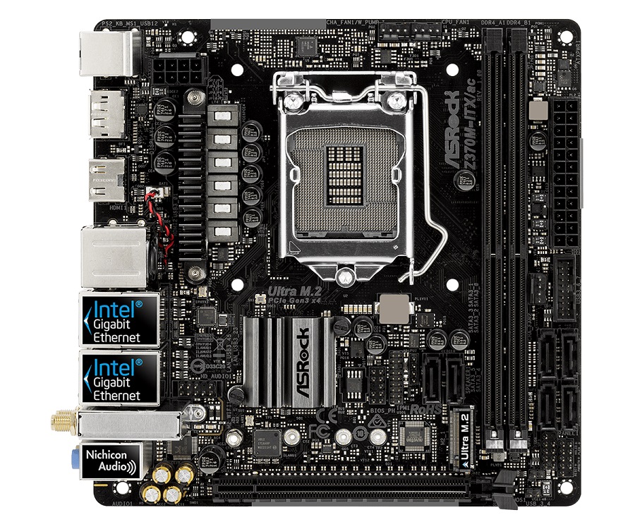 

Материнская плата ASRock Z370M-ITX/AC (S1151, Z370, 2*DDR4, PCI-E x16, 2*HDMI, DP, SATA III+RAID, 2*GB Lan, M.2, WiFi+Bt, USB 3.1, mini-ITX, Retail)