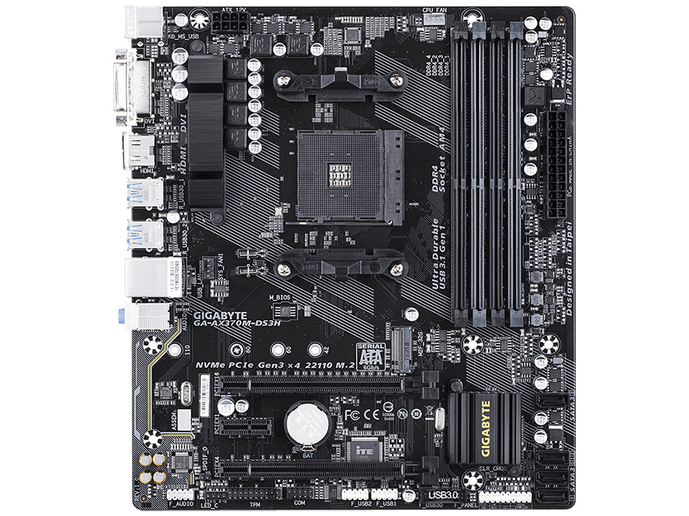 

Материнская плата GIGABYTE GA-AX370M-DS3H (AM4, AMD X370, 4*DDR4, 2xPCI-E x16, 1xPCI-E x1, HDMI, DVI, mATX, Retail)