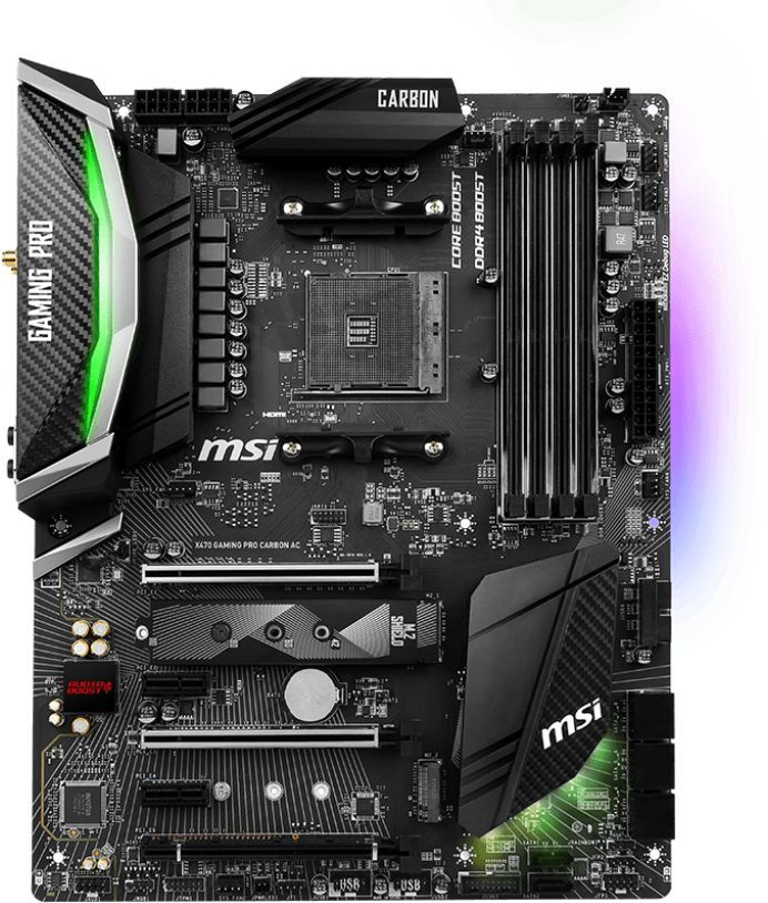 

Материнская плата MSI X470 GAMING PRO CARBON AC (AM4, AMD X470, 4*DDR4, 3*PCI-E x16, 2*PCI-E x1, DP, HDMI, SATAIII+RAID, M.2, GLan, WiFi+Bt, USB 3.1, ATX, Retail)