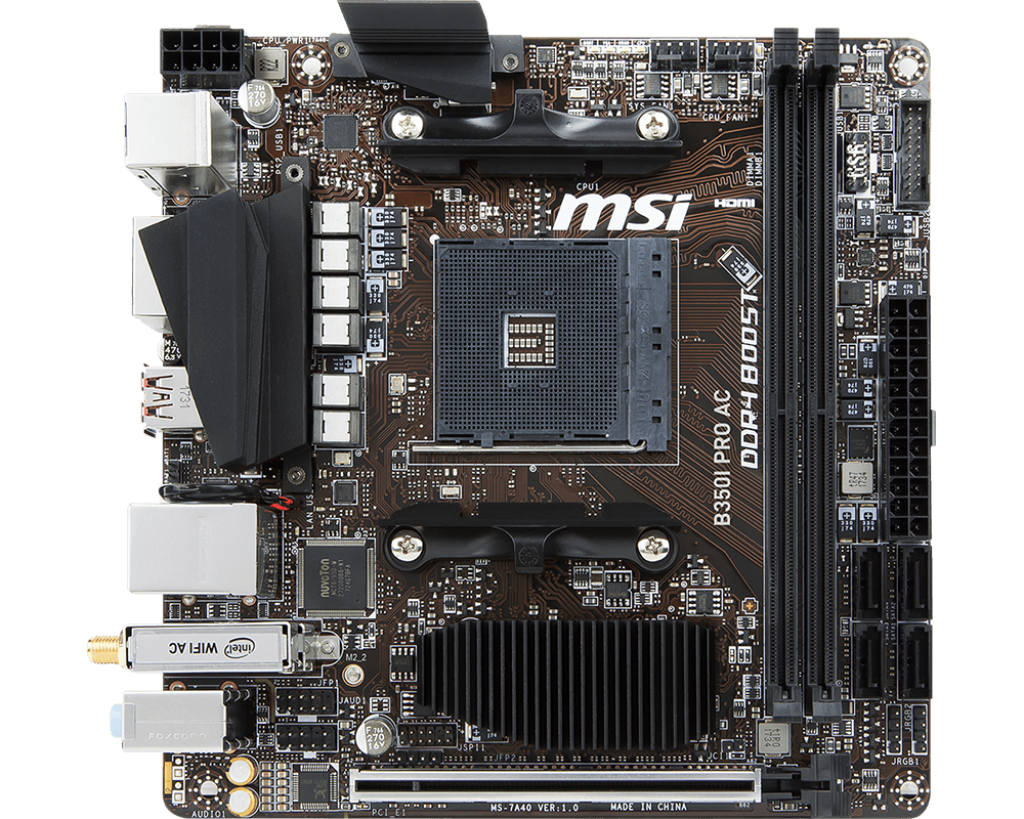 

Материнская плата MSI B350I PRO AC (AM4, AMD B350, 2xDDR4, PCI-Ex16, DP, HDMI, SATAIII+RAID, M.2, GBLan, WiFi+Bt, USB 3.1, mini-ITX, Retail)