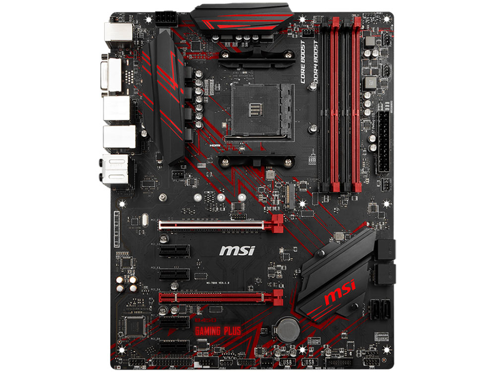 

Материнская плата MSI B450 GAMING PLUS (AM4, AMD B450, 4xDDR4, 2xPCI-Ex16, 4xPCI-Ex1, DVI, HDMI, SATAIII+RAID, M.2, GBLan, USB 3.1, ATX, Retail)