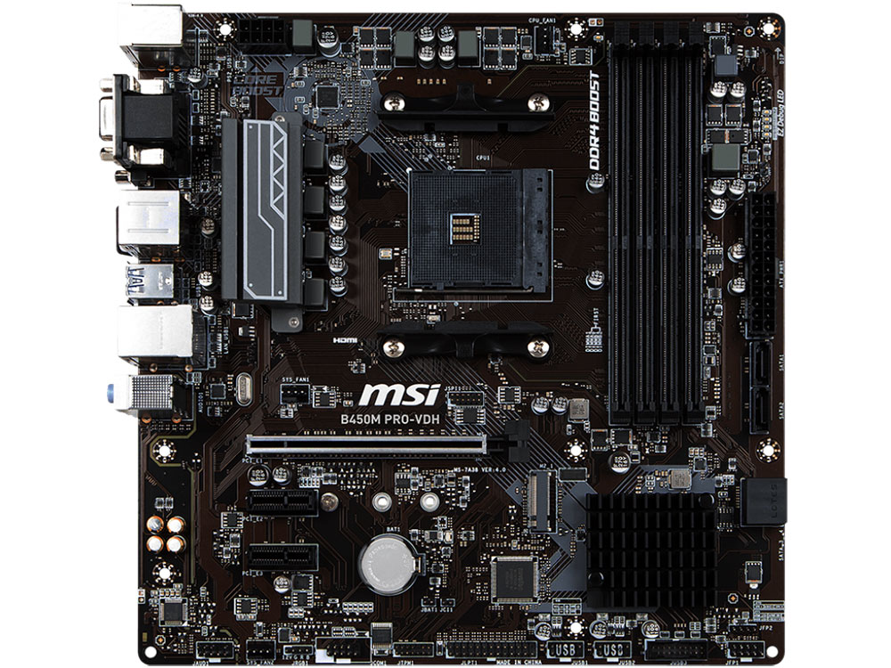 

Материнская плата MSI B450M PRO-VDH (AM4, AMD B450, 4xDDR4, PCI-Ex16, 2xPCI-Ex1, DVI, HDMI, SATAIII+RAID, M.2, GBLan, USB 3.1, mATX, Retail)