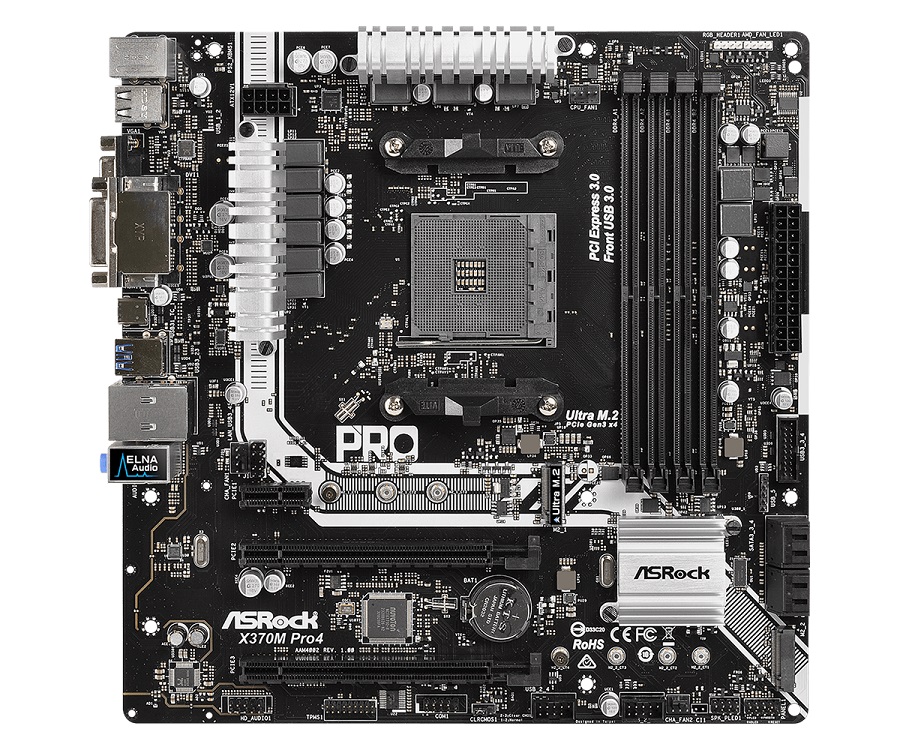 

Материнская плата ASRock X370M PRO4 AM4, AMD X370, 4xDDR4, 2xPCI-Ex16, PCI-Ex1, HDMI, DVI, D-Sub, SATAIII+RAID, M.2, GB Lan, USB3.1, mATX, Retail