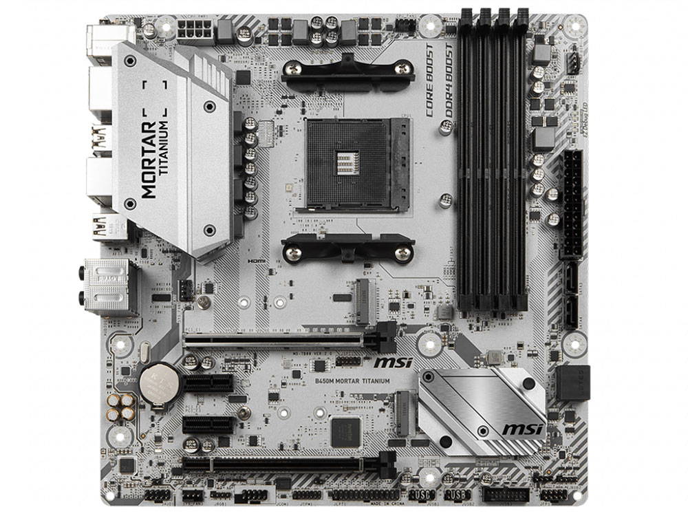 Материнская плата MSI B450M MORTAR TITANIUM AM4, AMD B450, 4xDDR4, 2xPCI-Ex16, 2xPCI-Ex1, DP, HDMI, SATAIII+RAID, M.2, GBLan, USB 3.1, mATX, Retail Материнская плата MSI B450M MORTAR TITANIUM AM4, AMD B450, 4xDDR4, 2xPCI-Ex16, 2xPCI-Ex1, DP, HDMI, SATAIII+RAID, M.2, GBLan, USB 3.1, mATX, Retail