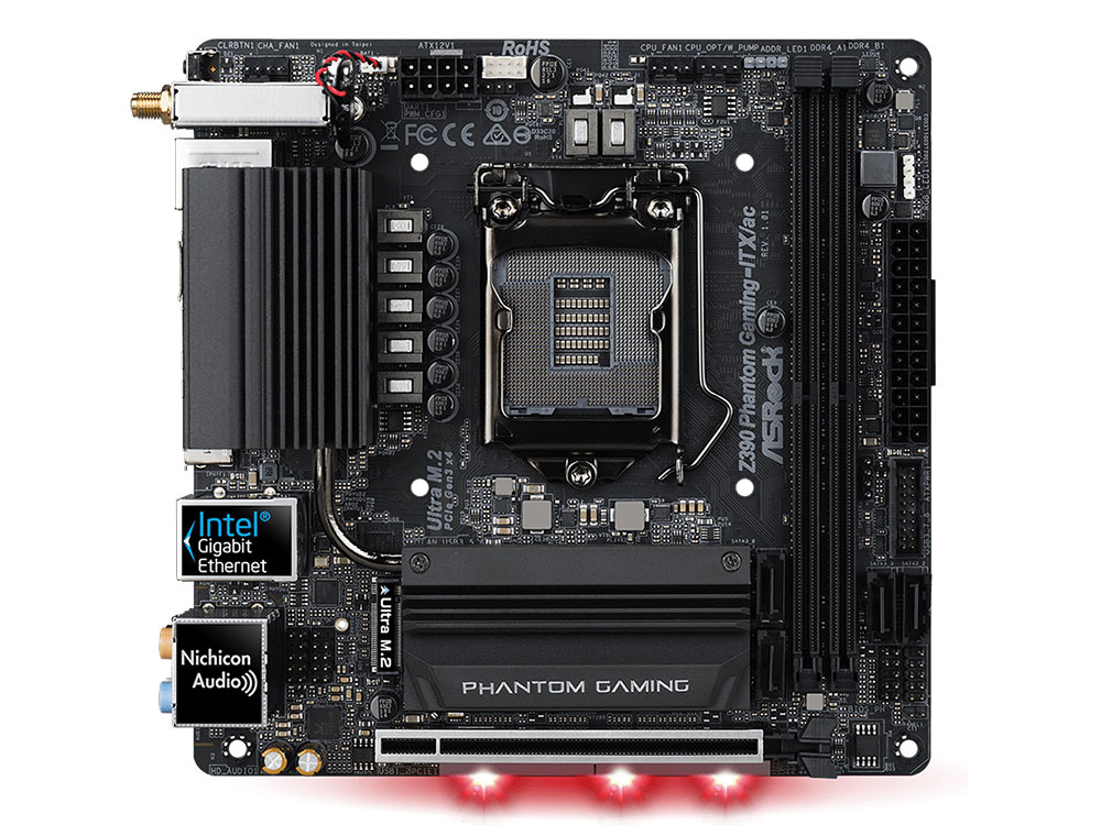 Материнская плата ASRock Z390 PHANTOM GAMING-ITX/AC S1151v2, Z390, 2xDDR4, PCI-Ex16, DP, HDMI, SATAIII+RAID, M.2, GB Lan, WiFi+Bt, USB3.1, mini-ITX, Retail Материнская плата ASRock Z390 PHANTOM GAMING-ITX/AC S1151v2, Z390, 2xDDR4, PCI-Ex16, DP, HDMI, SATAIII+RAID, M.2, GB Lan, WiFi+Bt, USB3.1, mini-ITX, Retail