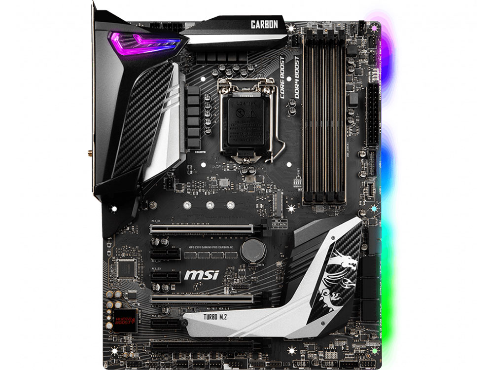Материнская плата MSI MPG Z390 GAMING PRO CARBON AC S1151v2, Z390, 4xDDR4, 3xPCI-Ex16, 3xPCI-Ex1, DP, HDMI, SATA III+RAID, M.2, GB Lan, WiFi+Bt, USB3.1, ATX, Retail фото