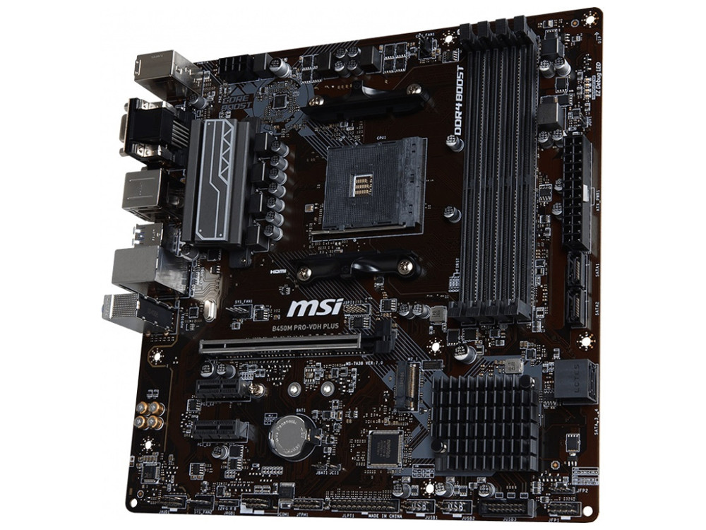Мат. плата MSI B450M PRO-VDH PLUS AM4, AMD B450, 4xDDR4, PCI-Ex16, 2xPCI-Ex1, DVI, HDMI, SATAIII+RAID, M.2, GBLan, USB 3.1, mATX, Retail Мат. плата MSI B450M PRO-VDH PLUS AM4, AMD B450, 4xDDR4, PCI-Ex16, 2xPCI-Ex1, DVI, HDMI, SATAIII+RAID, M.2, GBLan, USB 3.1, mATX, Retail
