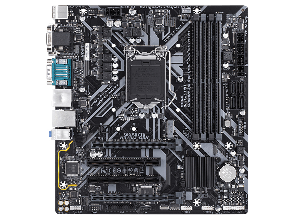 

Материнская плата GIGABYTE H310M D3H (S1151v2, H310, 4xDDR4, 2*PCI-Ex16, 2xPCI, D-Sub, DVI, HDMI, DP, SATA III, M.2, GB Lan, COM, USB3.1, mATX, Retail)