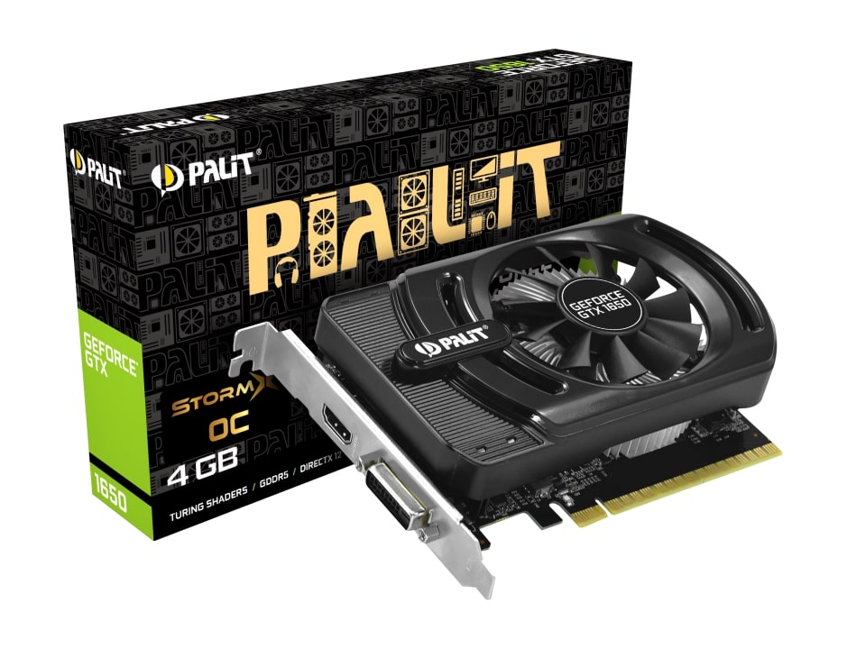 

Видеокарта Palit GeForce GTX 1650 PA-GTX1650 STORMX OC 4G 4Gb 1485 MHz NVIDIA GTX 1650/GDDR5 8 002Mhz/128bit/PCI-E 16x, HDMI, DVI-D
