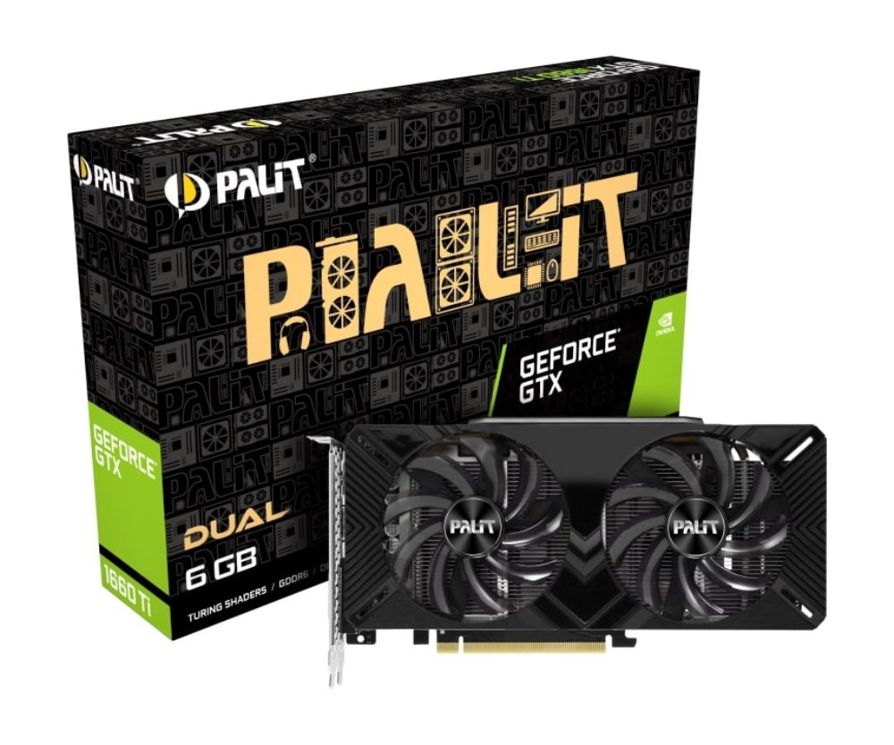 

Видеокарта Palit GeForce GTX 1660 Ti PA-GTX1660Ti DUAL 6G 6Gb 1500 MHz NVIDIA GTX 1660 Ti/GDDR6 12002Mhz/192bit/PCI-E 16x/DP, HDMI, DVI