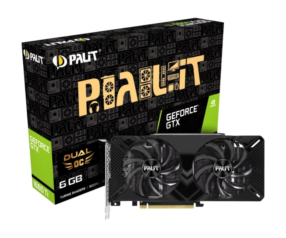 

Видеокарта Palit GeForce GTX 1660 Ti PA-GTX1660Ti DUAL OC 6G 6Gb 1500 MHz NVIDIA GTX 1660 Ti/GDDR6 12002Mhz/192bit/PCI-E 16x/DP, HDMI, DVI