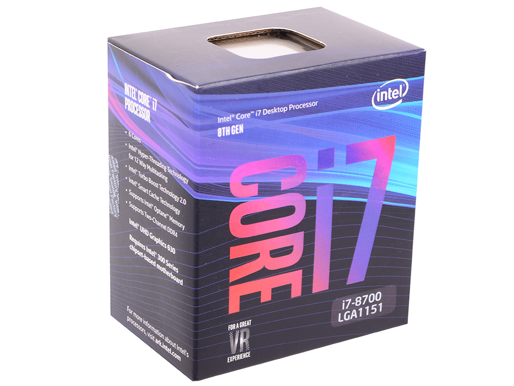 Процессор Intel Core i7-8700 BOX (TPD 65W, 6/12, Base 3.2GHz - Turbo 4.6 GHz, 12Mb, LGA1151 (Coffee Lake))