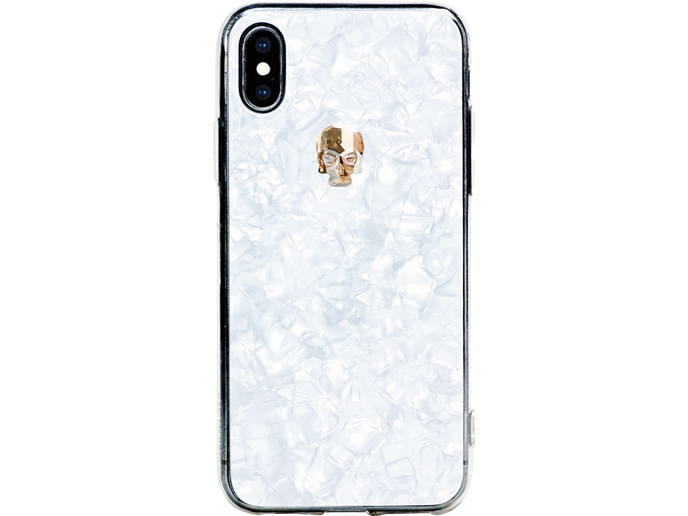 

Чехол Bling My Thing для iPhone XS/X, с кристаллами Swarovski. Материал пластик. Коллекция Treasure, Дизайн Gold Skull белый