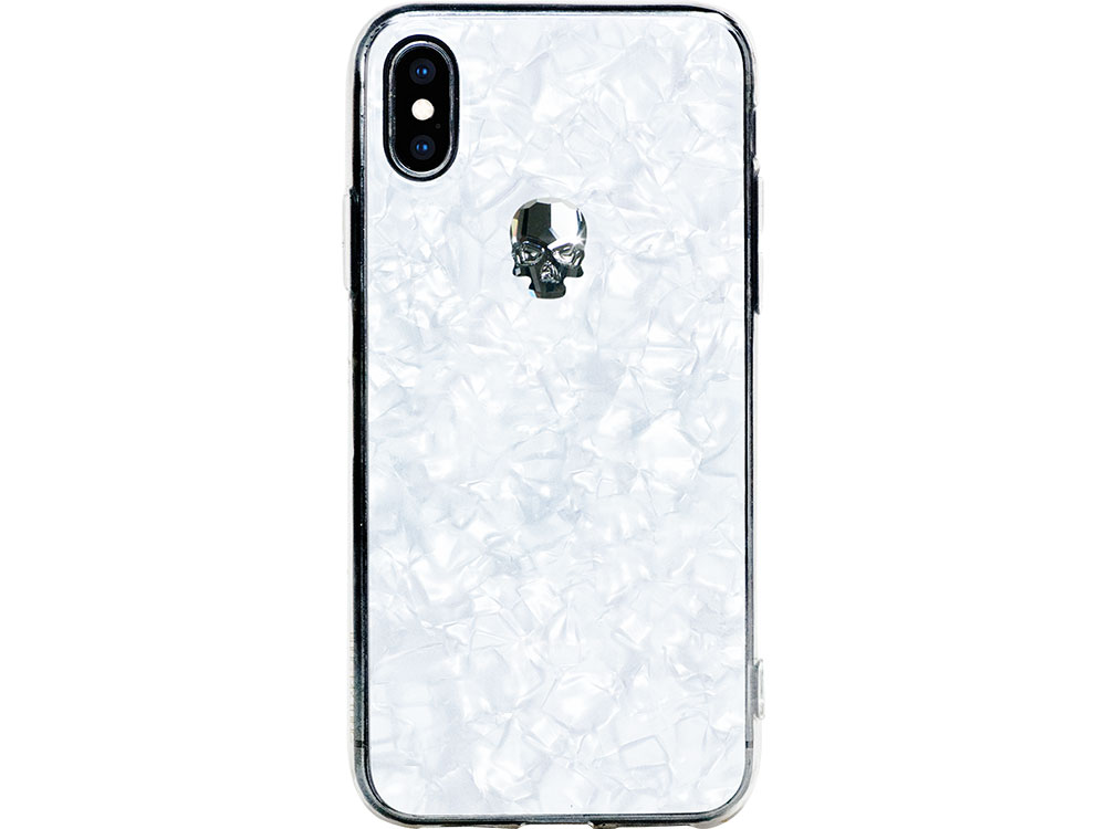 

Чехол Bling My Thing для iPhone XS/X, с кристаллами Swarovski. Материал пластик. Коллекция Treasure, Дизайн Silver Skull белый