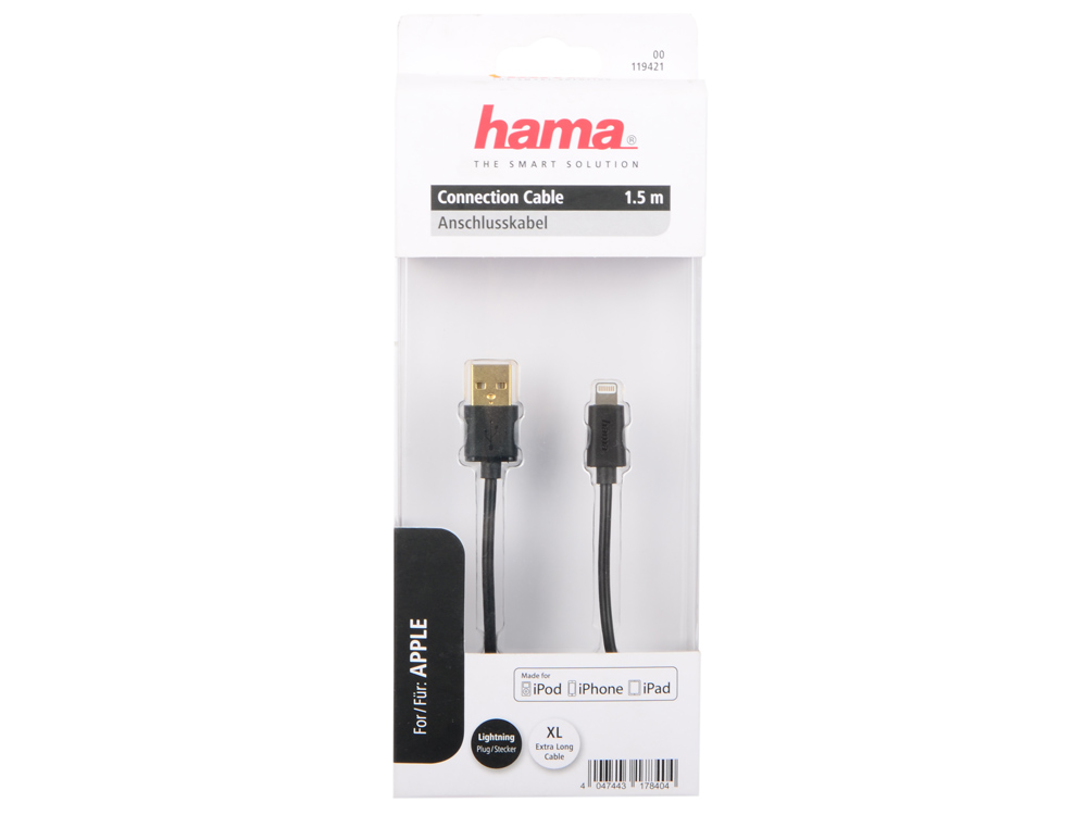 

Кабель Hama H-119421 USB A-Apple Lightning (m-m) 1.5 м черный