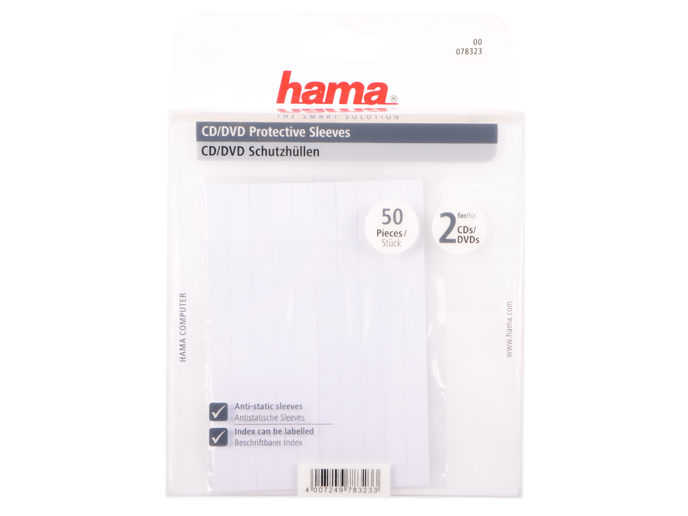 

Конверты Hama для 2 CD/DVD полипропилен белый/прозрачный 50шт H-78323