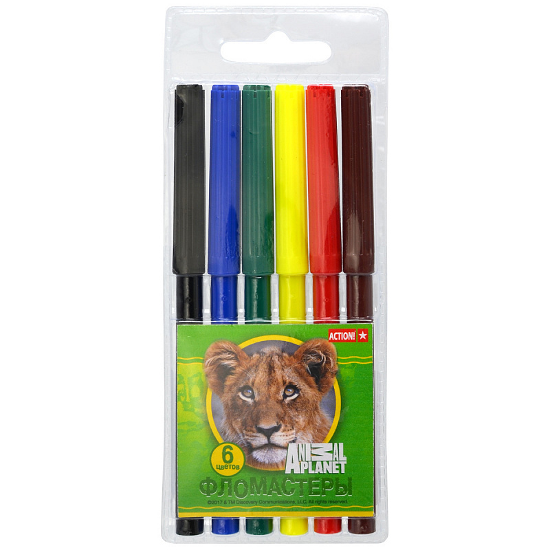 

Набор фломастеров Action! ANIMAL PLANET, 6 цветов, PVC c е/подвесом AP-AWP129-06