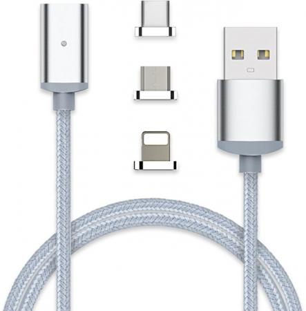 Кабель microUSB 1м VCOM Telecom CU283LMC круглый серебристый + Type-C/Lighting Кабель microUSB 1м VCOM Telecom CU283LMC круглый серебристый + Type-C/Lighting