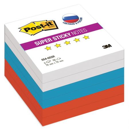 

Блокнот с липким слоем POST-IT ТРИКОЛОР, суперклейкие, 76х76мм, 6 бл.*90 л.