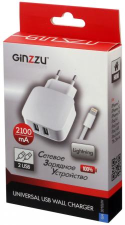 

Сетевое зарядное устройство GINZZU GA-3010UW 2.1A 8-pin Lightning 2 х USB белый