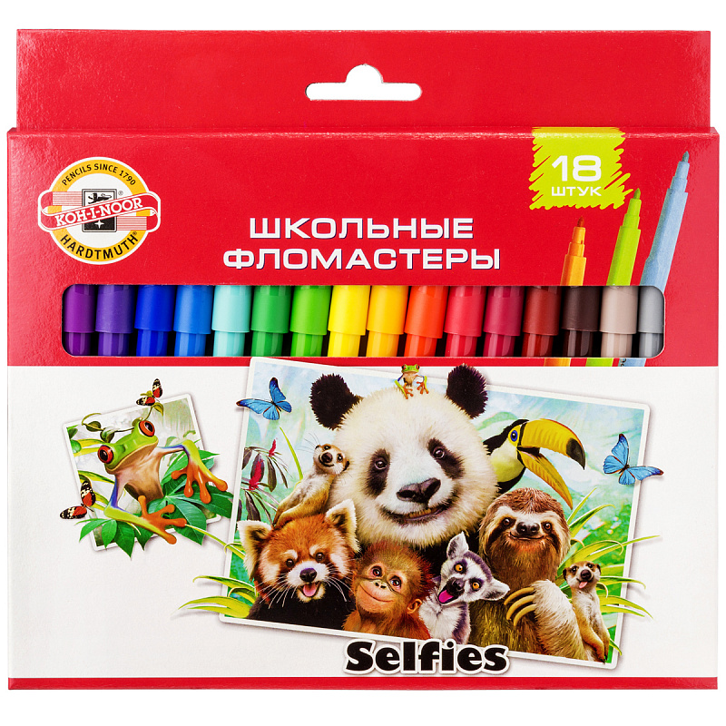 

Набор фломастеров школьных KOH-I-NOOR SELFIES, 18 цветов, картонная коробка